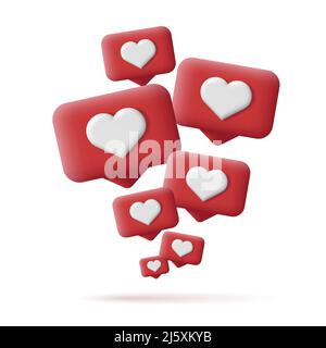 Speech bubbles with hearts, red 3d icons pop up from the bottom of the screen Stock Vector