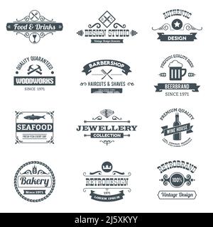 Retro black logo emblems set with woodworks barbershop restaurant isolated vector illustration Stock Vector