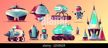 Set of space exploration rockets and vehicles, science fiction alien buildings cartoon vector icons. Futuristic spaceships, astronaut flying in weight Stock Vector
