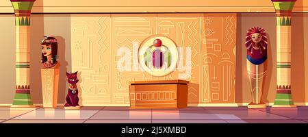 Vector Egyptian cartoon background. Tomb interior - bust of queen, pharaoh sarcophagus, ancient pillar and other symbols of culture. Bastet sculpture, Stock Vector