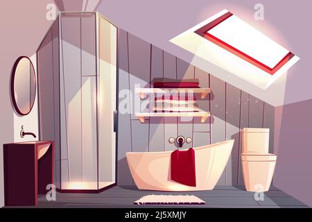 Vector interior of bathroom in attic. Modern restroom with glass shower cabin and shelves for towels. Sunlight shines from window to bathtub. Comforta Stock Vector