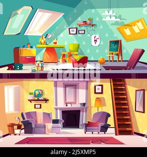 Vector cross section background, cartoon interior of child playroom on attic, living room with fireplace. Kids area with toys, blackboard on garret, s Stock Vector