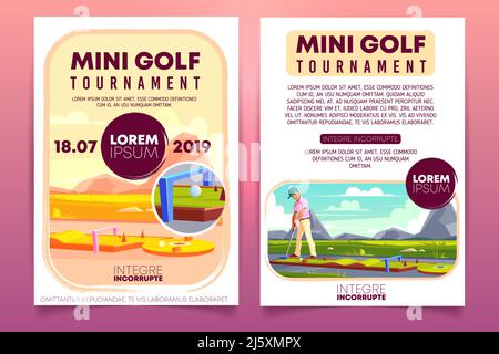 Mini golf tournament cartoon vector promo brochure, invitation flyer template. Player with putter playing golf on course or putting line outdoors illu Stock Vector