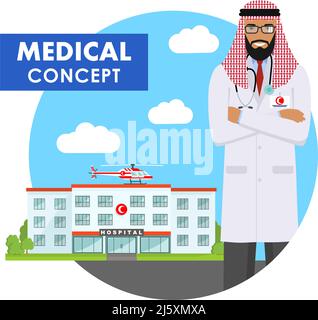 Detailed illustration of arabian medical people and ambulance car in ...