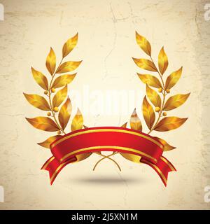 Gold realistic laurel wreath with red ribbon success heraldic emblem vector illustration Stock Vector