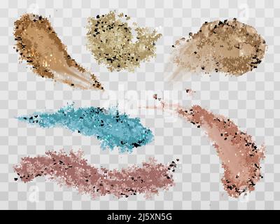 Skin foundation smears, dry powder, eye shadows brush strokes set. Beauty make up cosmetics texture swatch, smudge trace samples isolated on transpare Stock Vector