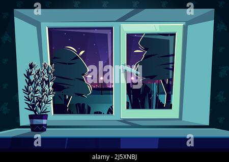 Vector sill rail with a plastic window at night, rosemary on a windowsill. Green plant for the home garden, kailyard. Plastic frame with glass, star b Stock Vector