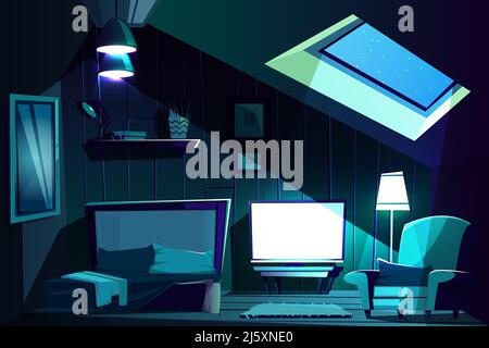 Vector illustration of attic room at night. Cartoon garret with window, armchair with cushion and furniture. Cozy attic with switched-on TV set in moo Stock Vector