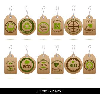 Ecology bio farm fresh products cardboard tags set isolated vector illustration Stock Vector