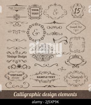 Calligraphic design elements set with card decoration scrolls and vignettes isolated vector illustration Stock Vector