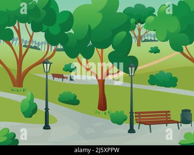 Summer park alley 2d game landscape flat background vector illustration Stock Vector