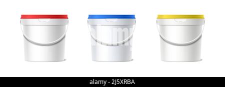 3d realistic vector icon set. Front view of paint plastic bucket with handle red, blue and yellow lid. Isolated on white background. Stock Vector