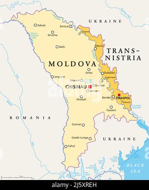 Moldova and Transnistria, political map. Republic of Moldova, with capital Chisinau, and the Pridnestrovian Moldavian Republic, PMR. Stock Photo