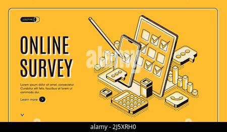 Online survey isometric web banner, stylus pen put mark on digital document checklist at tablet screen, customer questionnaire, feedback service inter Stock Vector