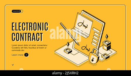 Electronic contract isometric web banner, e-signature on document at tablet screen with stylus pen and padlock, digital signing service secured intern Stock Vector