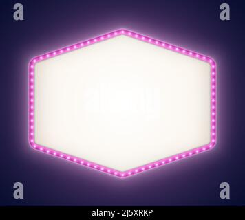 Purple retro lightbox with white light bulbs, vintage theater signboard mockup isolated on a dark background Stock Vector