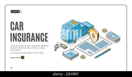 Car insurance isometric landing page, auto financial protection with shield and padlock on paper document, pen and automobile safety icons. Automobile Stock Vector