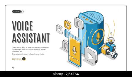 Voice assistant isometric landing page, Smart speaker recognition sound commands and control devices connected with internet of things, soundwave inte Stock Vector
