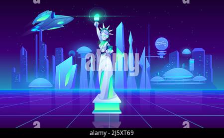Statue of Liberty neon city futuristi? sci-fy background, New York monument in synth retro wave style. Culture ladmark, fantastic buildings and space Stock Vector