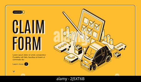 Claim form for car insurance isometric landing page, checklist on tablet screen with pen, auto financial protection digital document automobile safety Stock Vector