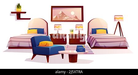 Hotel bedroom furniture and equipment. Apartment interior stuff isolated on white background, two single beds, nightstands with lamps, armchair, table Stock Vector