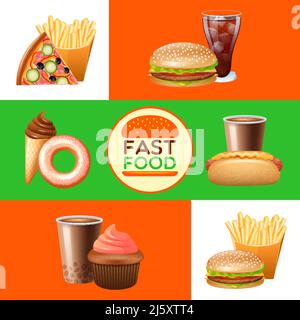 Fast food restaurant menu with pizza and hot djg flat horizontal banners set abstract isolated vector illustration Stock Vector