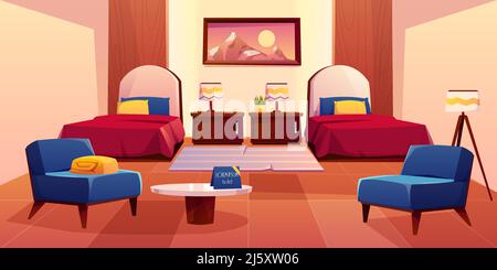 Hotel bedroom, motel suit with furniture and equipment. Empty apartment interior design with two single beds, nightstands with lamps, armchair, table, Stock Vector