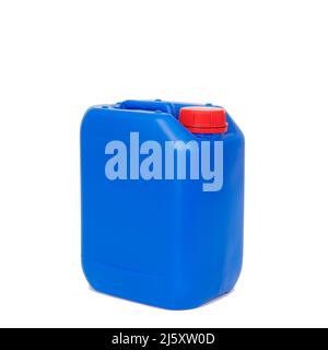 a blue plastic jerrycan, with a red cap, on a white background Stock Photo