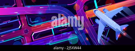 Top view of airplane flying above night city transport interchange. Plane journey over modern megapolis with neon glowing skyscrapers, moving cars, ol Stock Vector