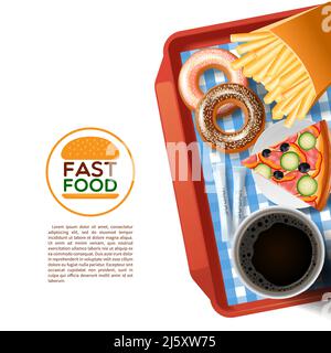 Fast food emblem and tray with donuts pizza and black coffee cup background poster abstract vector illustration Stock Vector