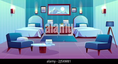 Modern hotel comfortable double room interior with separate single beds, lamps on bedside cabinets, mountain paintings on wall, armchairs, greeting ca Stock Vector