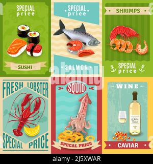 Premium quality fish and seafood mini poster set isolated vector illustration Stock Vector