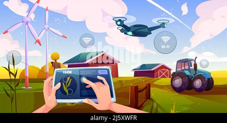 Smart farming, futuristic technologies in farm industry. Tablet with app for control plants growing, drone, wind mills, solar panels, agricultural aut Stock Vector