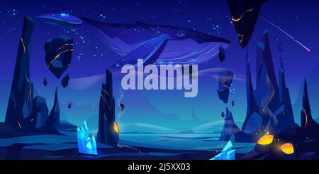 Fantasy world, alien planet, strange dream, another dimension illusion cartoon vector background. Whale flies in night starry sky under desert with ac Stock Vector