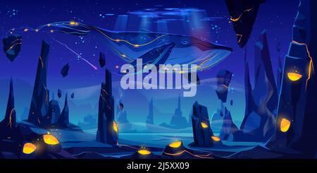 Fantasy dream, space fairy tale background with huge whale flying in night neon sky over phantasmagoric alien planet surface with rocks and craters fu Stock Vector