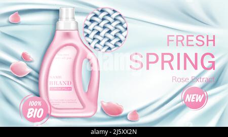 Fabric softener bottle with rose flower petals and close up view of fabric tissues. Laundry detergent conditioner in pink package on silk light blue p Stock Vector