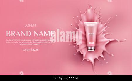 Cosmetics bottle mockup, beauty cosmetic product for face care on pink background with liquid splash and droplets, bb cream or foundation tube package Stock Vector