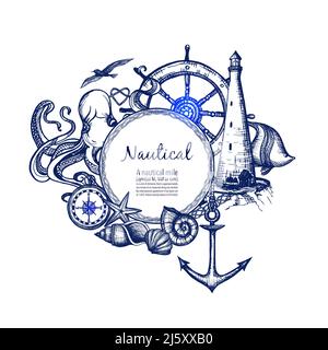 Nautical sea symbols composition doodle design with anchor compass and lighthouse in blue marine abstract vector illustration Stock Vector