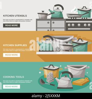 Kitchen tools horizontal banners set with utensils and supplies flat isolated vector illustration Stock Vector