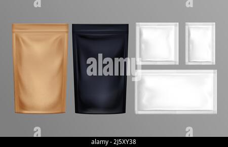 Sachet set. Pouch foil paper or plastic bags isolated on grey background. Various size and color doy packs with clip, food or cosmetics product packag Stock Vector