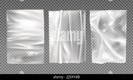 White wet paper, bad glued wheatpaste set. Wrinkled and creased sheets with crumpled texture isolated on transparent background, blank posters mock up Stock Vector