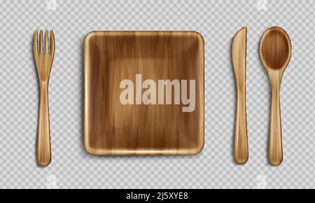 Wooden plate, fork, spoon and knife top view, disposable tablewear isolated on transparent background, table setting with empty square wood dish natur Stock Vector