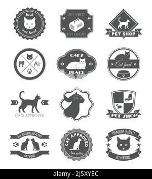 Pets place healthy food black symbols labels collection for premium quality products poster abstract isolated vector illustration Stock Vector