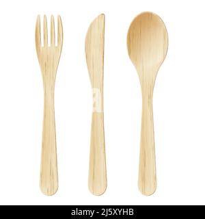 Wooden cutlery, disposable fork, spoon and knife isolated on white background Bamboo biodegradable table setting for food made of natural eco recycle Stock Vector