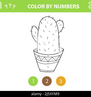 Children educational game. Coloring page with cute cactus. Color by numbers, printable activity, worksheet for pre school age Stock Vector