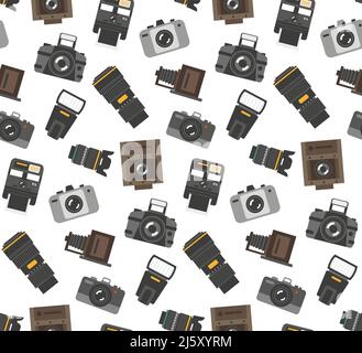 Gifts and gear for photographers wrap paper seamless pattern with modern and retro camera accessories vector illustration Stock Vector