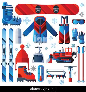 Flat color isolated skiing icons set of complete ski and snowboard outfit and ski resort equipment on white background with snowflakes vector illustra Stock Vector