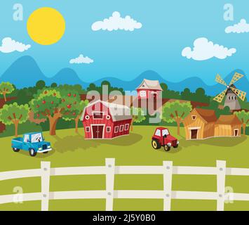 Farm cartoon background with apple garden in rural landscape vector illustration Stock Vector