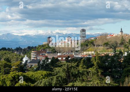 View of the snowy Guadarrama mountains from the city of Madrid, Spain Stock Photo