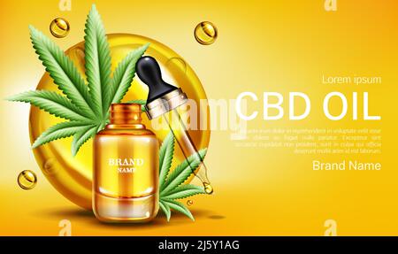 Cbd oil web banner mockup, glass bottle with hemp cannabinoid extract, cannabis leaves and droplet. Legal marijuanna weed thc liquid for medical and c Stock Vector